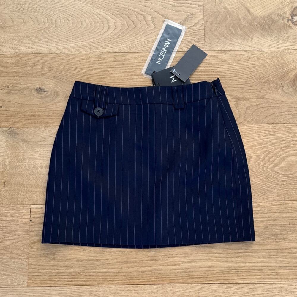 MOSSMAN - Vanderbilt Pinstripe Mini Skirt in Navy Blue & White